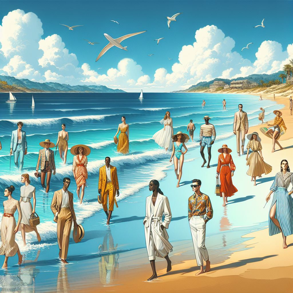 A realistic summer beach scene with fashionable swimsuit models.