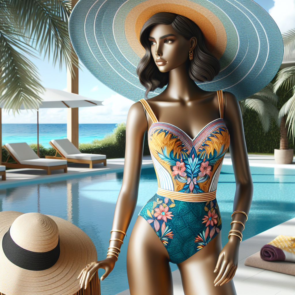 Realistic image of trendsetting women's swimwear displayed on a mannequin by the poolside with tropical elements.