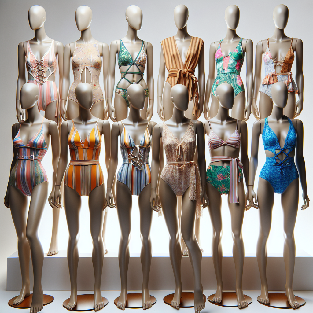 Designer swimsuits reflecting current trends on mannequins.