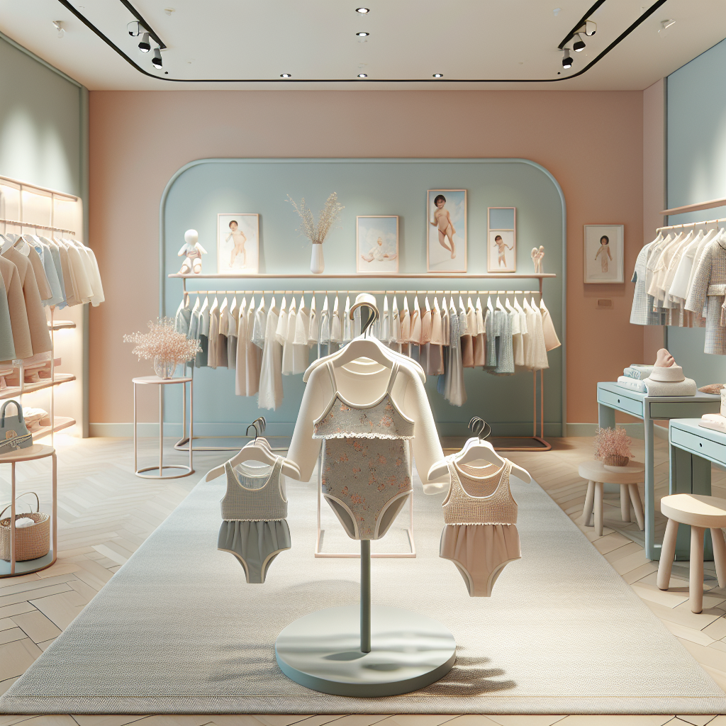 A modern and chic children's boutique with baby swimsuits on display.