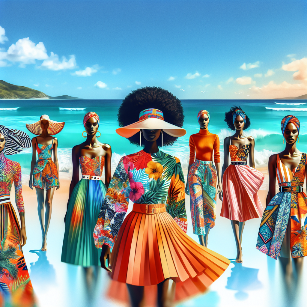 Assortment of women's swimwear for summer, with modern designs and vivid colors, against a beach scene.