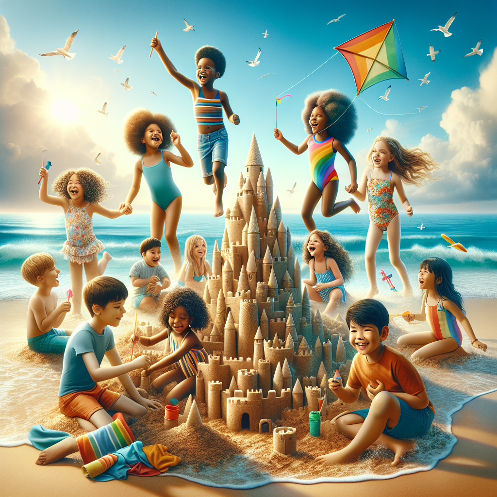 Group of diverse children in designer swimsuits playing on the beach.