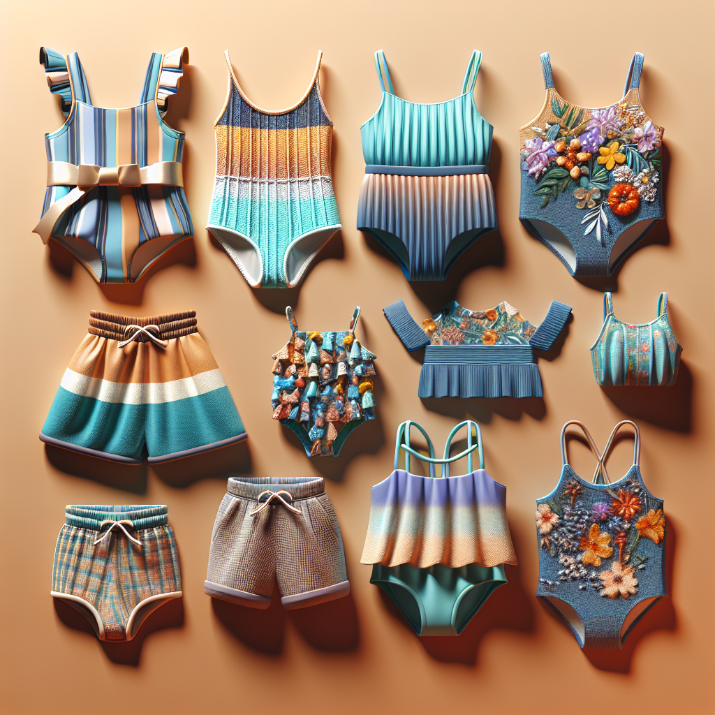 Realistic image of children's designer swimsuits with vibrant colors and fashionable designs.