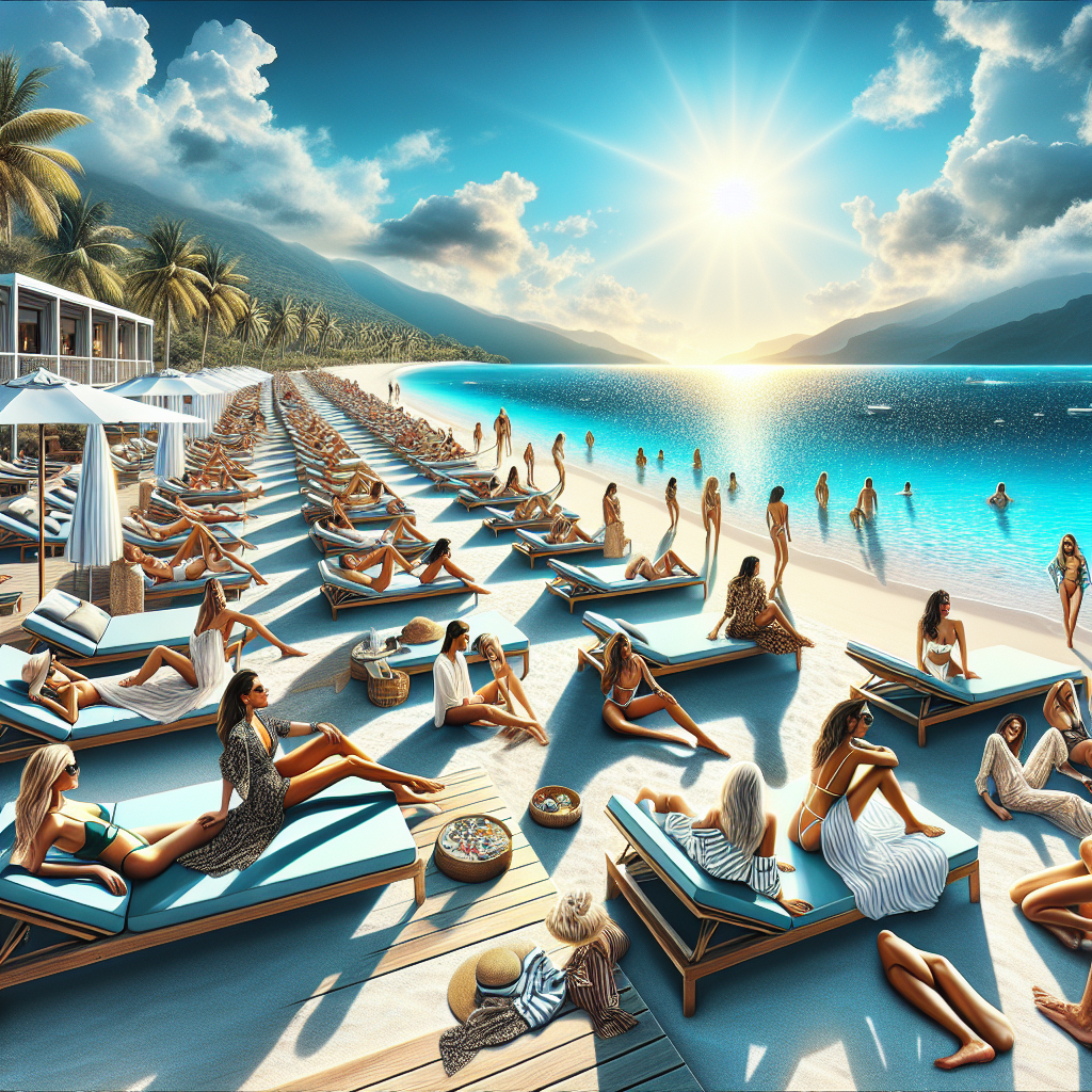 A realistic summer beach scene with designer swimwear and vibrant atmosphere.