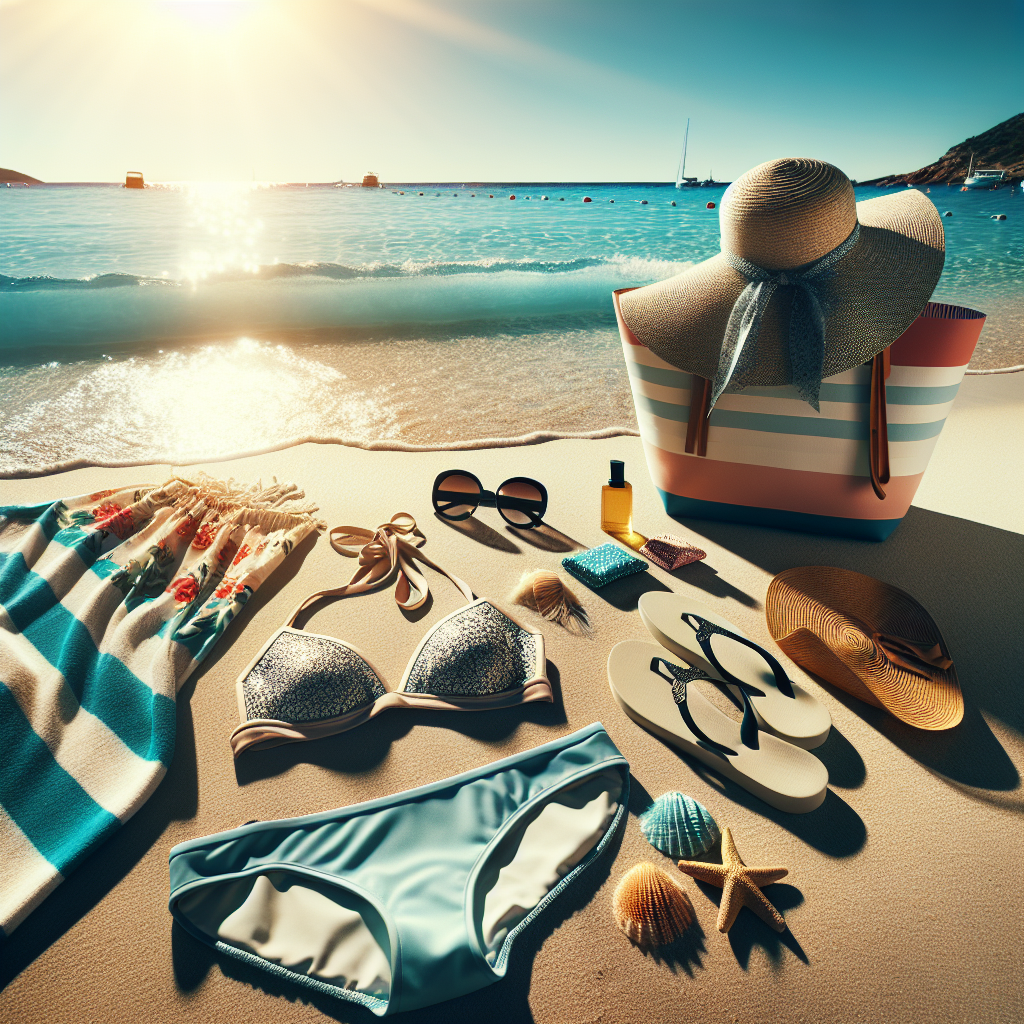 Designer swimwear and accessories on a sandy beach with clear blue skies in the background.