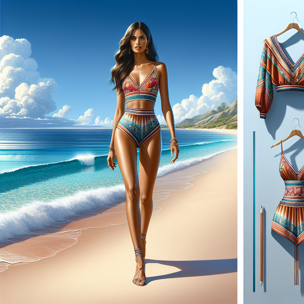 A realistic scene of a person wearing designer swimwear on a pristine beach during summer.