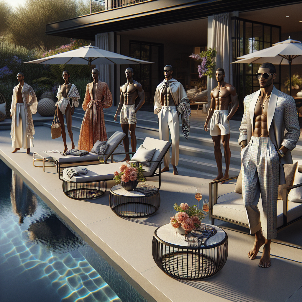 A realistic poolside fashion scene with trendy and luxurious summer attire.