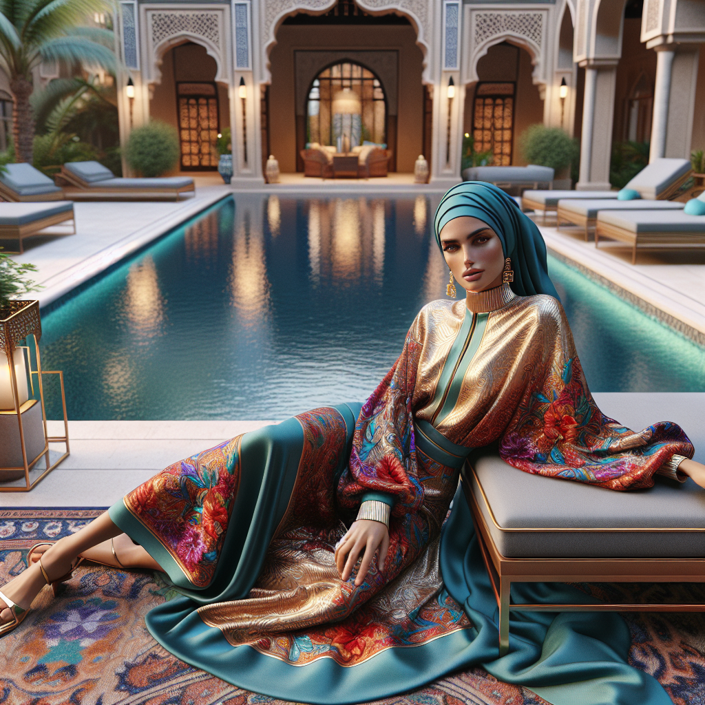 A realistic and elegant fashion image, resembling a high-end poolside photo shoot.