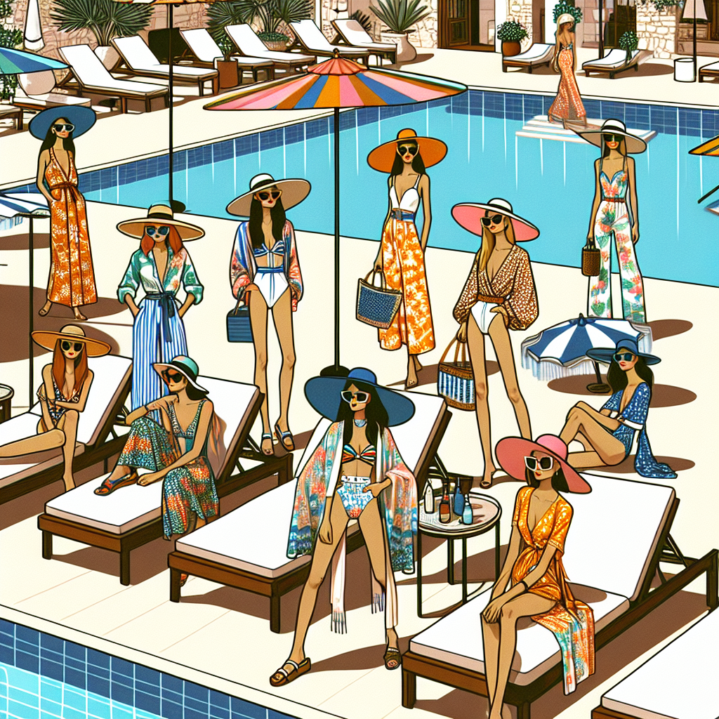 Trendy individuals at a chic and colorful poolside, dressed in summer fashion.