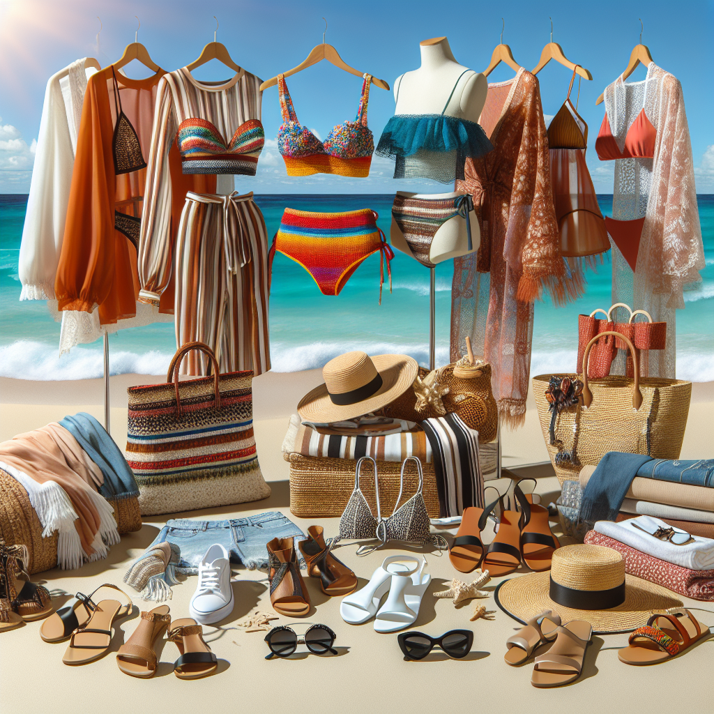 Realistic trendy beachwear on a sunny beach.