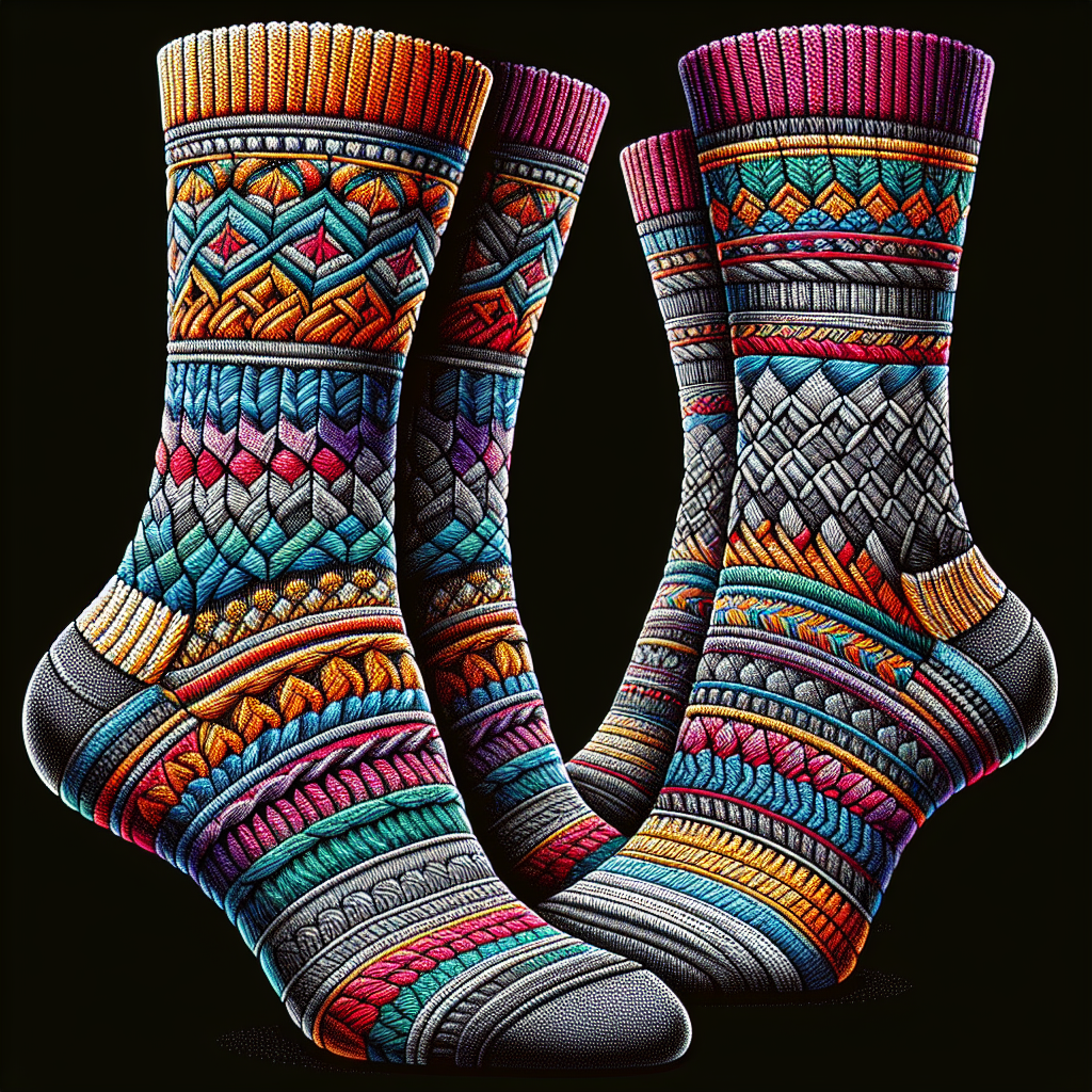 Eben-Ezer socks with intricate knit patterns and vibrant colors.