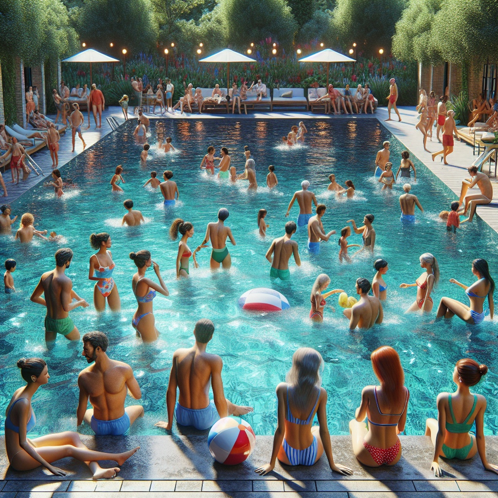 Realistic image of people in swimwear enjoying a swimming pool at Waterway Point.