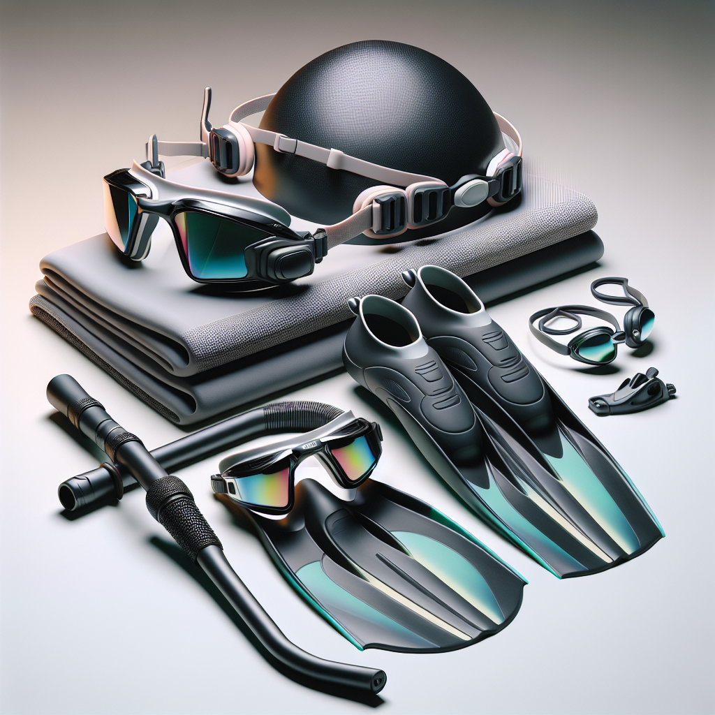 A realistic image of various swimming accessories including goggles, swim caps, fins, and a snorkel.