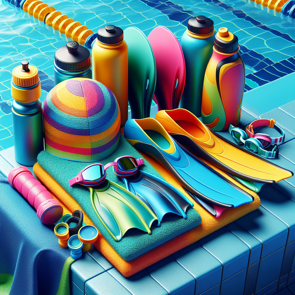 Various realistic swimming accessories on a poolside surface with a swimming pool in the background.