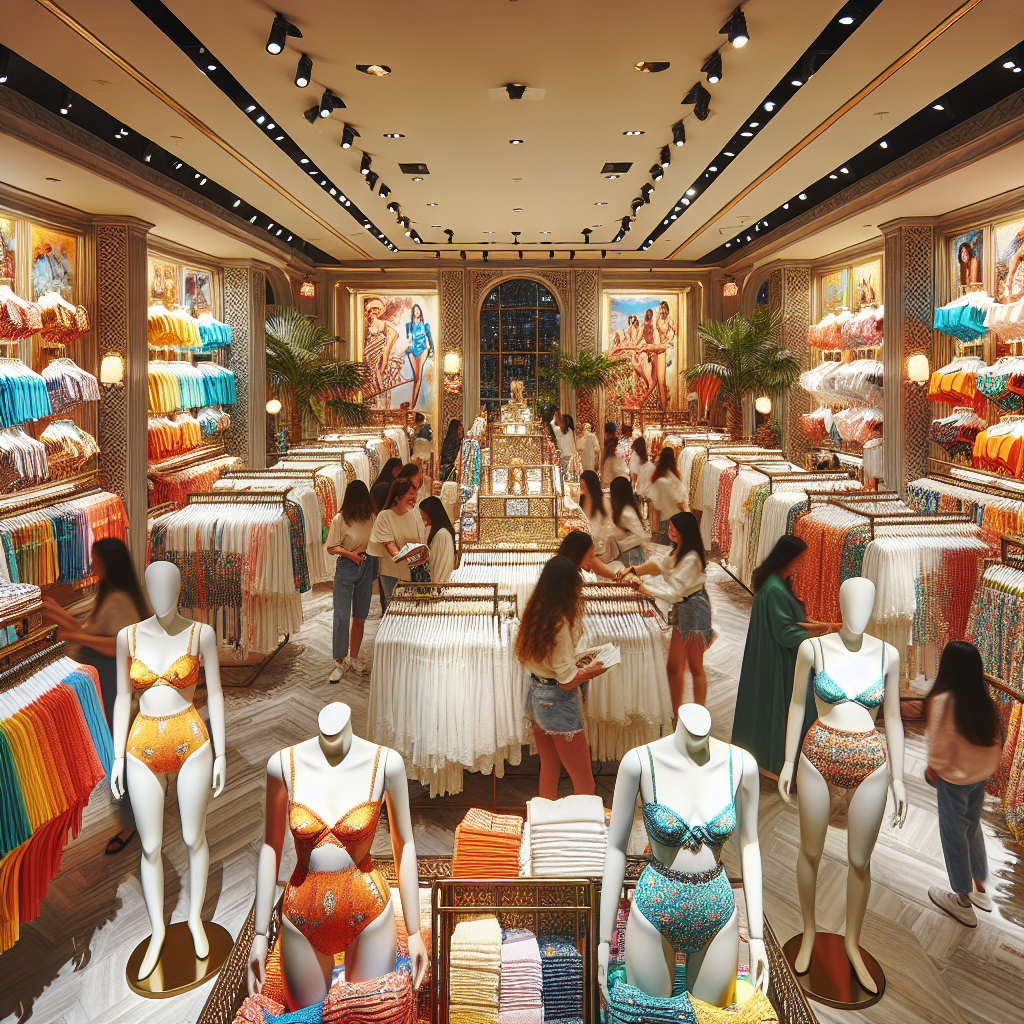 A realistic image of a swimsuit shop with vibrant collections and customers.