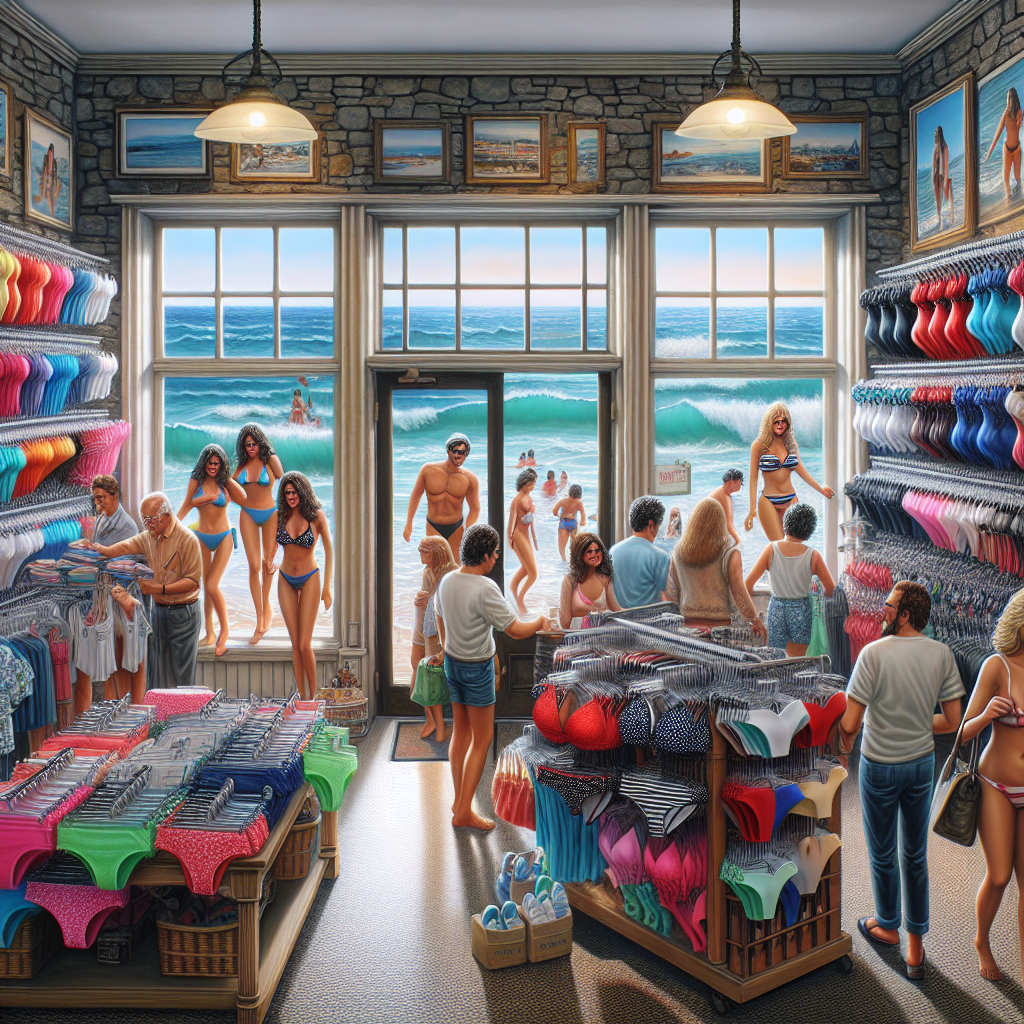 A realistic beach shop selling swimsuits with a vibrant and lively atmosphere.