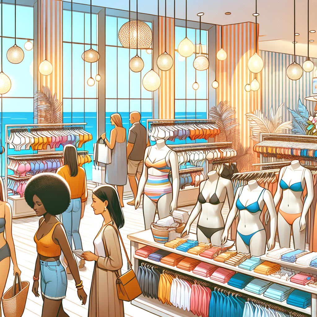 A realistic depiction of a busy swimsuit shop with various swimsuits on display and customers browsing.