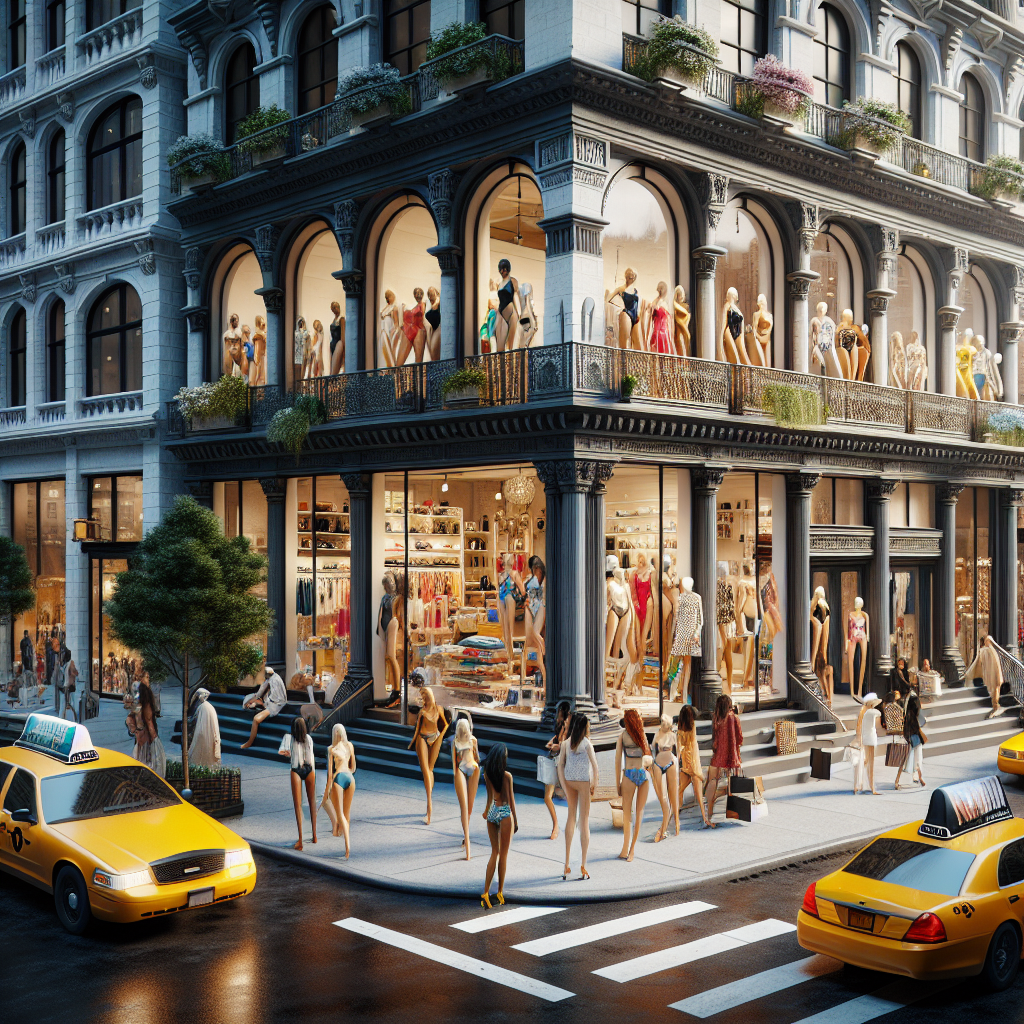 A realistic image of a fashionable swimwear shop in New York City, with an urban backdrop.