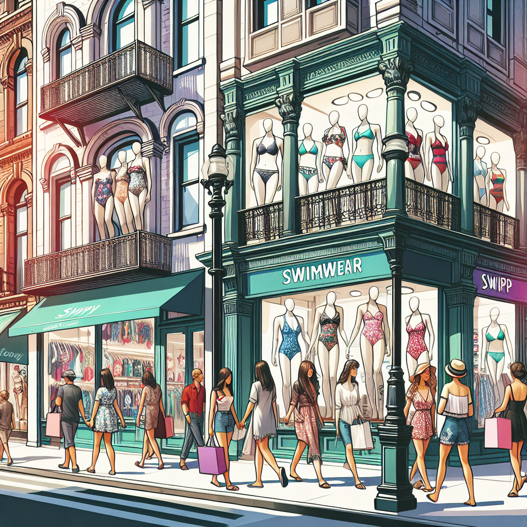 A bustling New York City street featuring swimwear shops with colorful storefronts and mannequins displaying trend-setting beachwear.