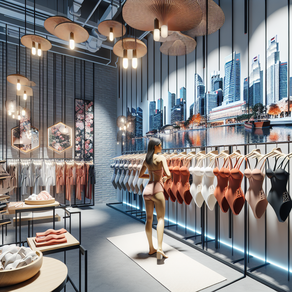 A woman in contemporary swimwear shopping at a high-end store in Singapore.