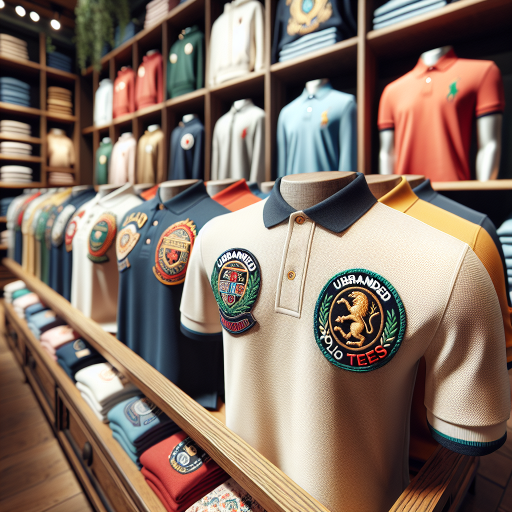 Realistic image of various branded polo tees neatly displayed.