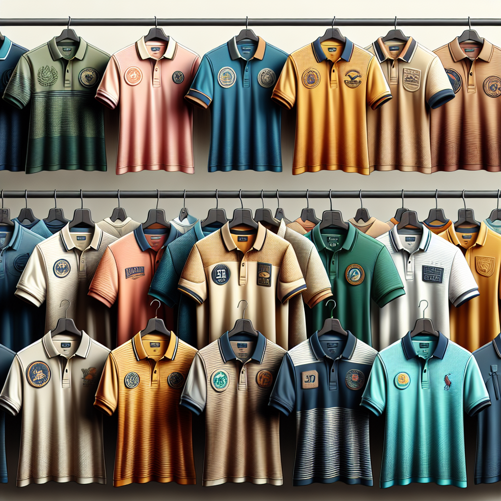 Realistic image of polo tees of various brands on hangers.