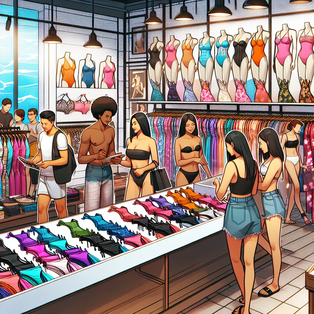 Vibrant swimsuit shopping scene in Singapore with colorful swimsuits and enthusiastic shoppers.