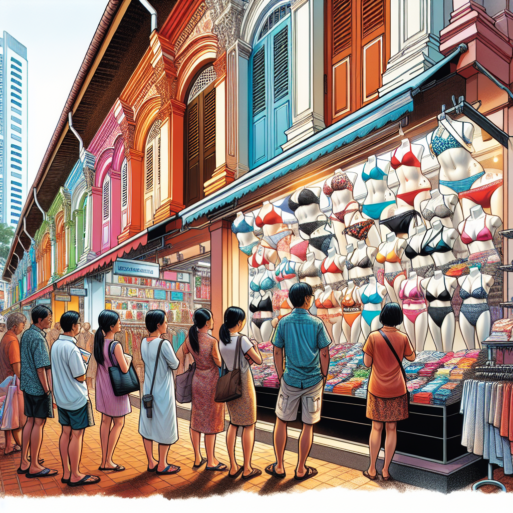 A busy shopping street in Singapore with people looking at swimsuits on display.