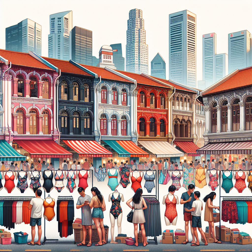 A realistic image of a busy swimwear market in Singapore with colorful displays and iconic architecture in the background.