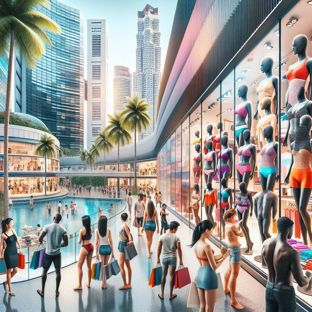 A realistic image of shoppers in Singapore exploring swimwear in modern stores.