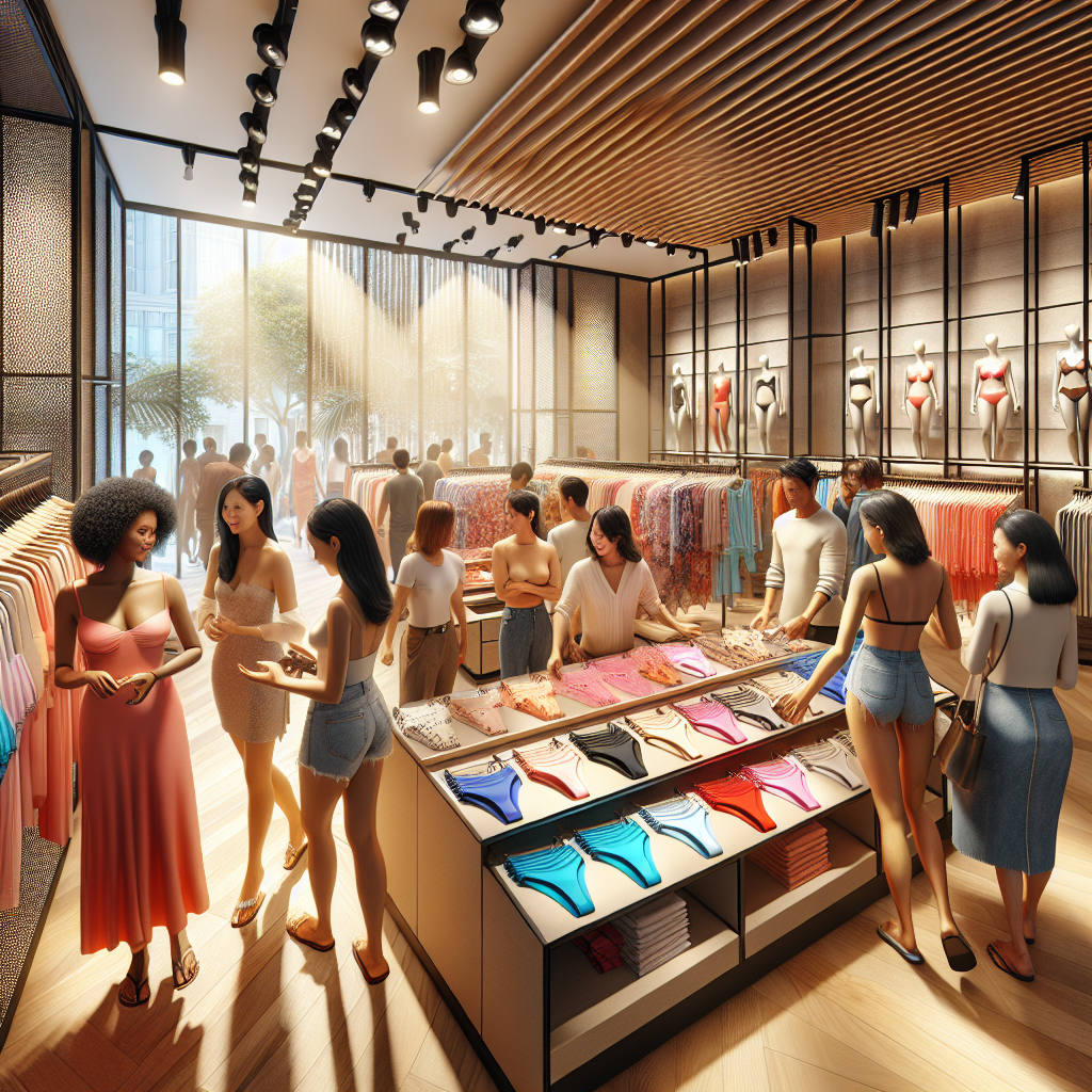 Shoppers in Singapore browsing swimwear at an upscale boutique.