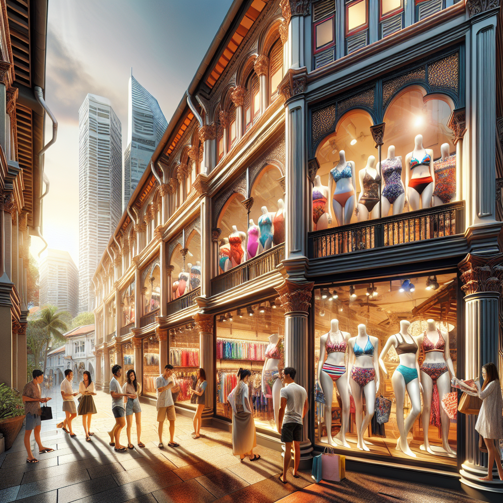 A bustling marketplace in Singapore with stylish swimwear shops and a lively street scene.