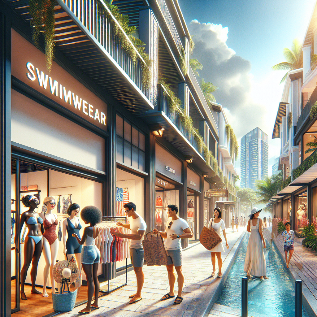 A realistic depiction of people shopping for swimwear on a vibrant, modern street in Singapore.