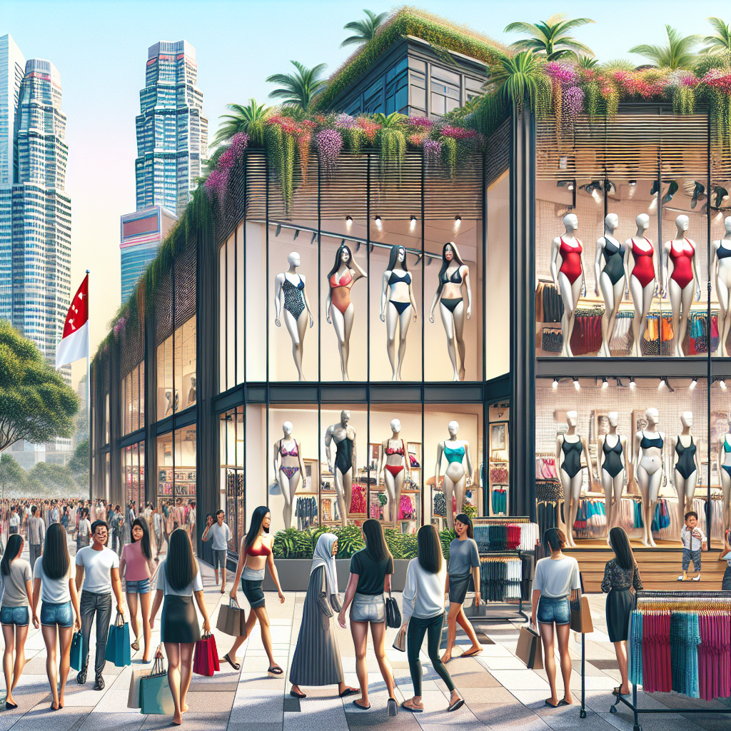 A realistic image of a swimwear shop in Singapore with customers and urban landscape.