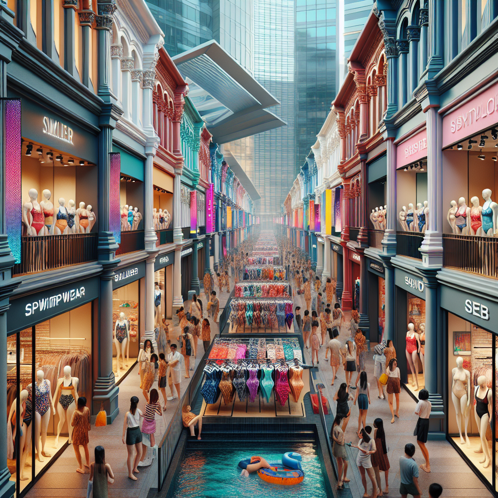 A realistic image of a bustling shopping street in Singapore with swimwear shops.