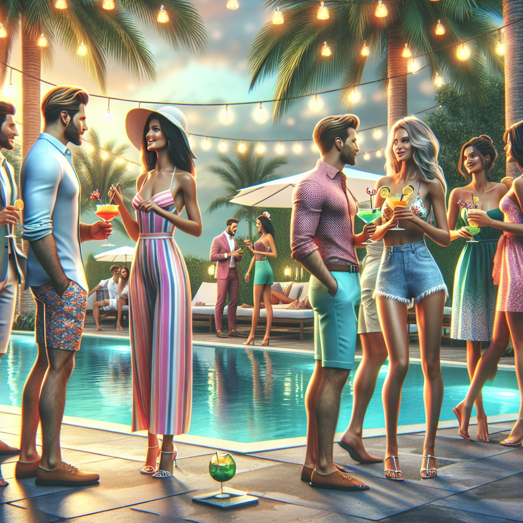 A poolside cocktail party with guests in stylish summer attire, luxurious pool, palm trees, and twinkling lights.