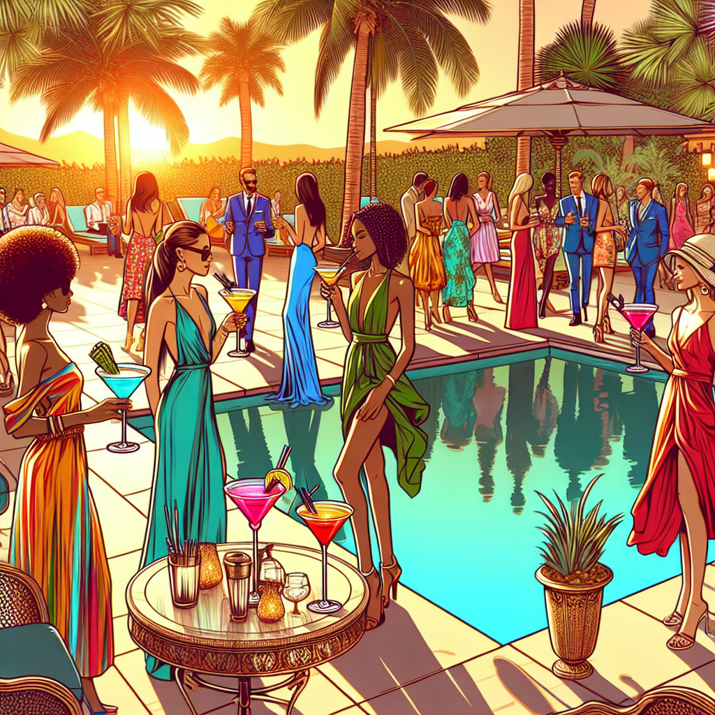 A poolside cocktail party with guests in vibrant summer attire, set by a luxurious swimming pool with tropical surroundings.