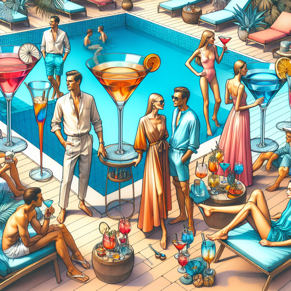 A poolside cocktail party with people in stylish summer attire, vibrant cocktails, and a luxurious setting.