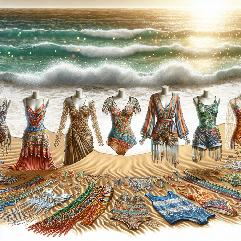 Realistic image of affordable swimwear on a sandy beach with the ocean in the background.