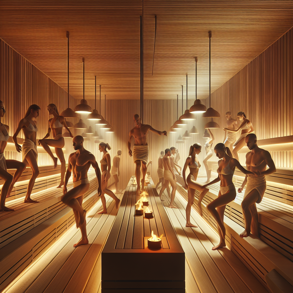 Luxurious sauna scene with individuals experiencing contrast therapy.