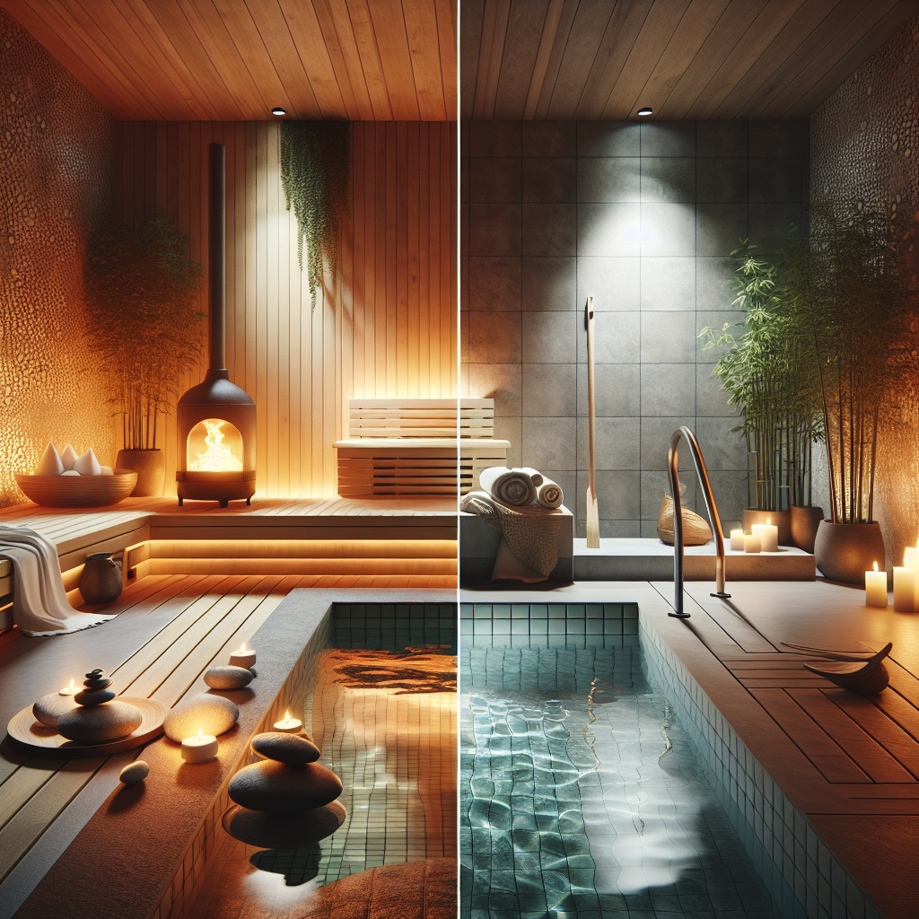 A realistic image of a contrast therapy setting with a sauna and cold plunge pool.