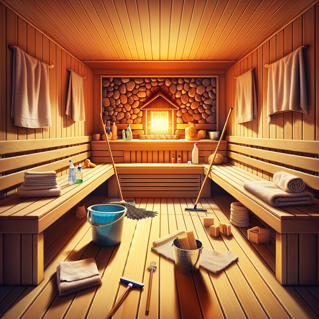 A realistic image of a clean, well-maintained indoor sauna with cleaning supplies.