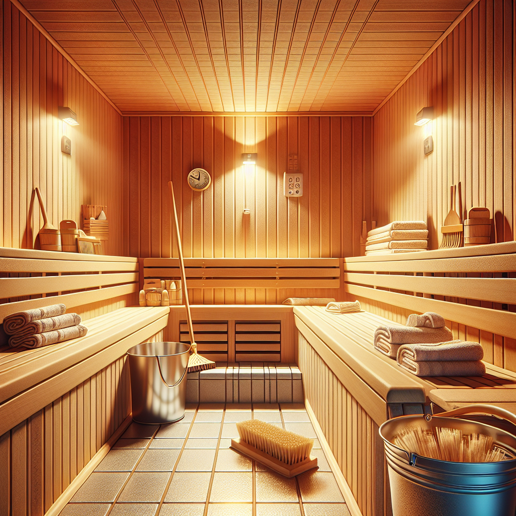 A clean, well-kept indoor sauna with cleaning supplies in view, reflecting the importance of sauna maintenance.