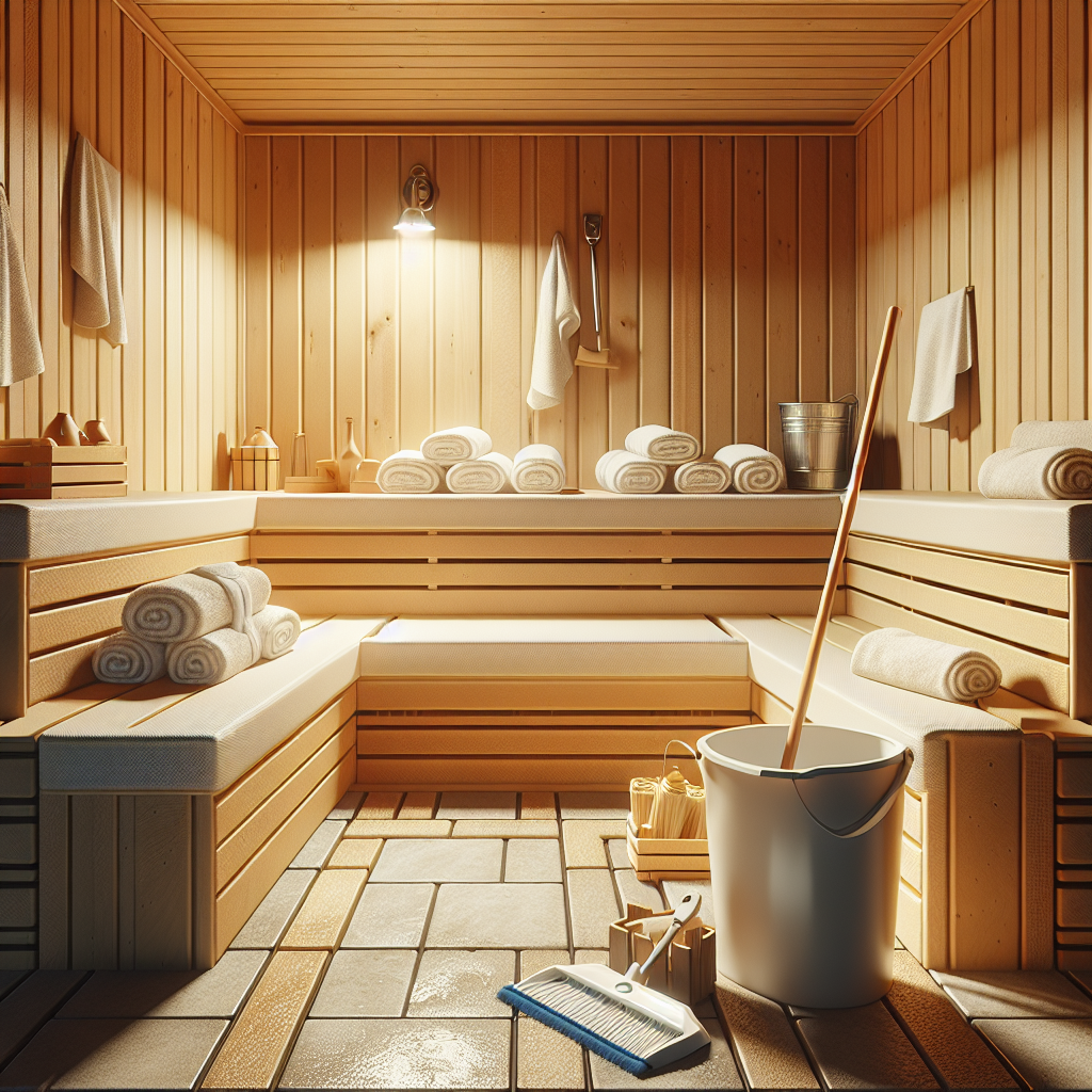 An image of a clean, well-maintained indoor sauna with cleaning supplies.