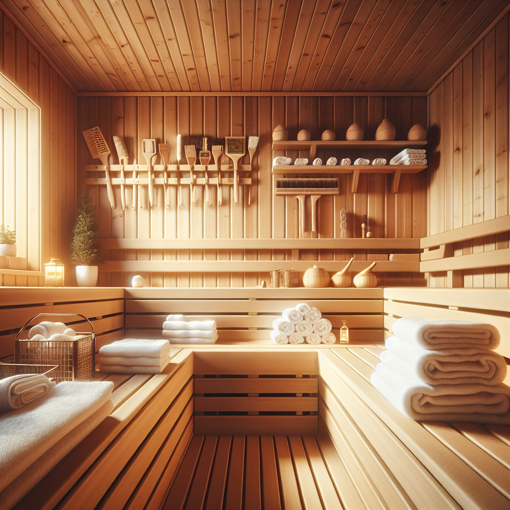 A clean indoor sauna with towels and cleaning supplies signifying upkeep.