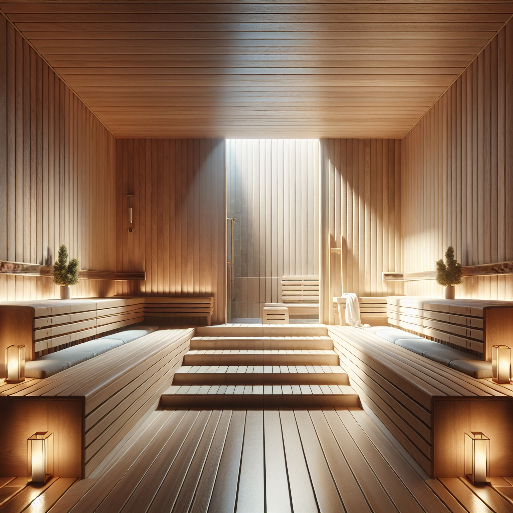 A serene modern indoor sauna with soft lighting and clean wooden benches.