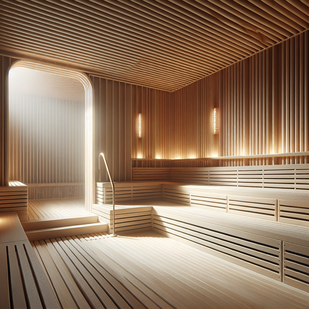 Modern indoor sauna with soft lighting and wooden benches conveying tranquility.
