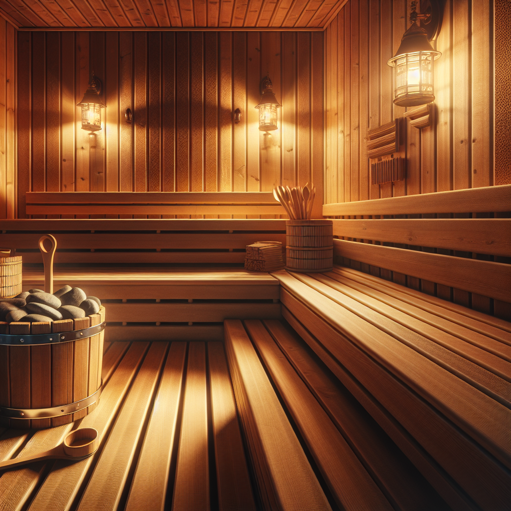 Interior of a traditional indoor sauna with wooden benches and glowing lamps.