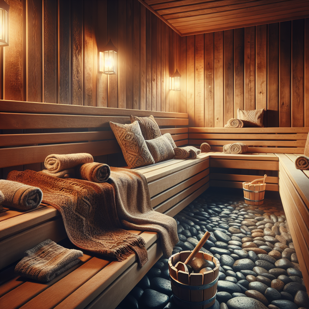 Traditional indoor sauna interior with wooden benches.