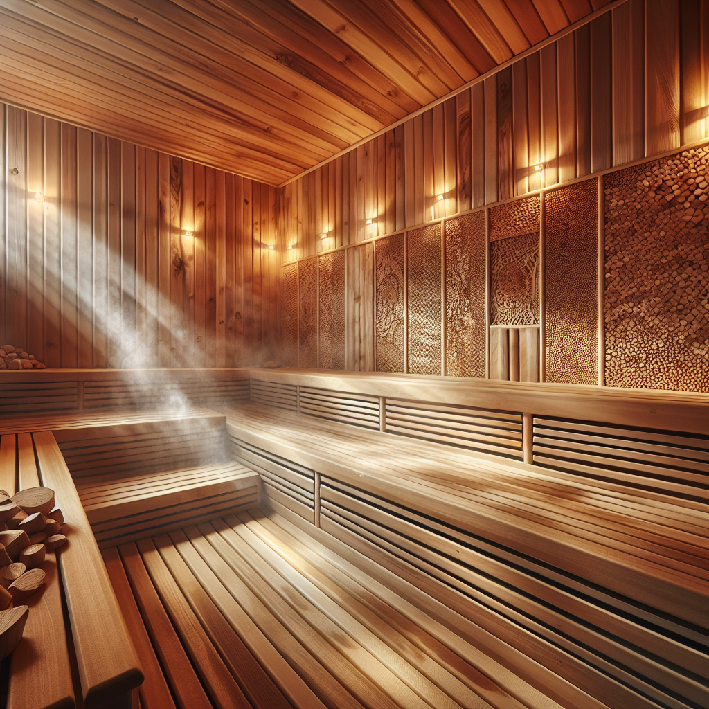 Interior of a traditional indoor sauna with wooden benches and steam.